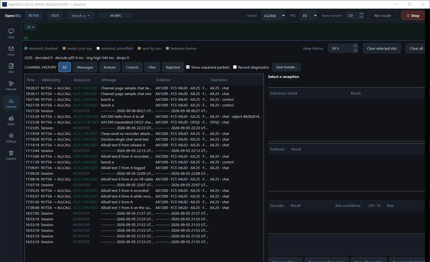 The OpenJSQ Channel page: a history of received and sent frames, filters for message types, modem counters, and empty reception detail panels awaiting a selected row.