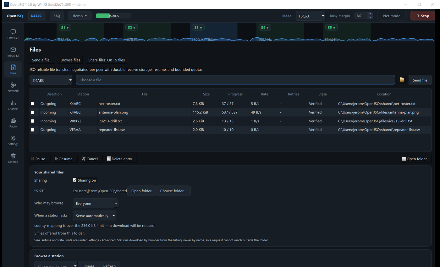 The OpenJSQ Files page: incoming and outgoing transfers listed with size, blocks completed, rate and a Verified state, and below them the shared-folder panel with sharing on, who may browse, and the over-size warning for one file.