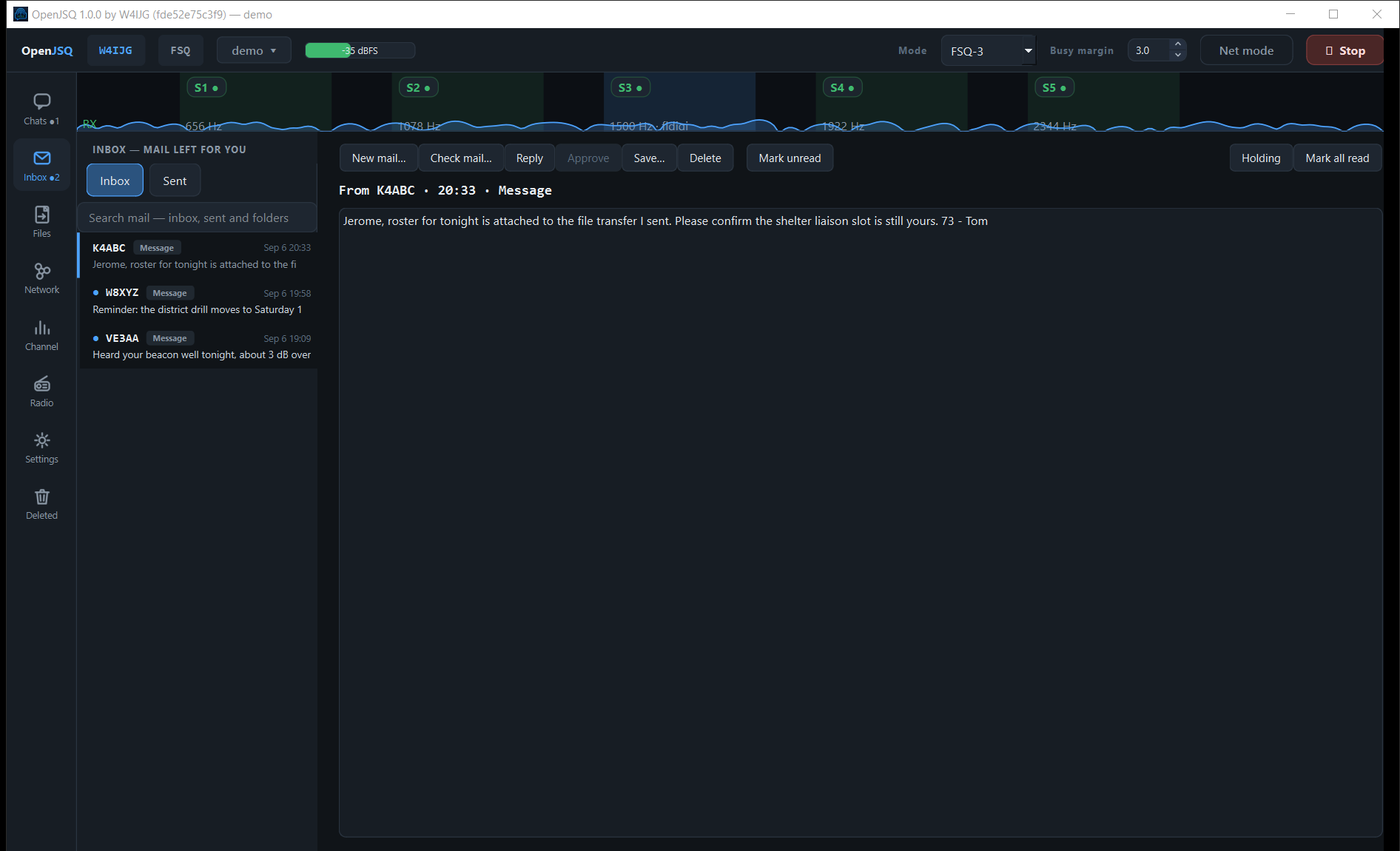 The OpenJSQ Inbox page: Inbox and Sent folders, a search box, three letters waiting in the list with the selected one open beside them, a toolbar with New mail, Check mail, Reply, Approve, Save, Delete and Mark unread, and a Holding button for mail kept for other stations.
