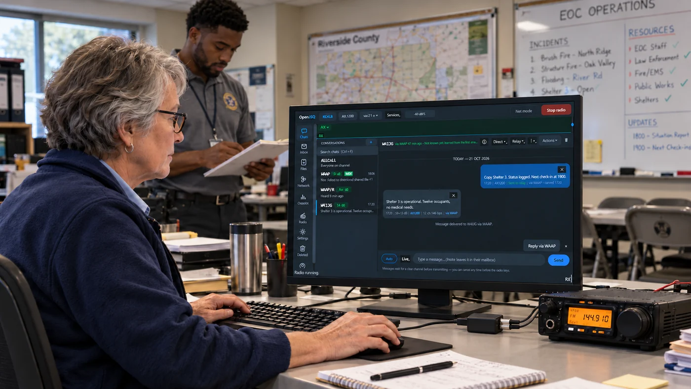 Generated illustration of two operators coordinating beside an OpenJSQ workstation and radio.