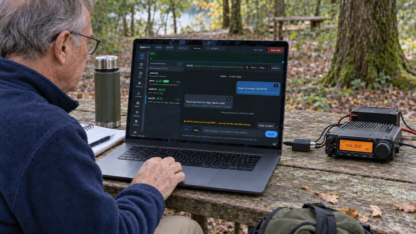 Generated illustration of an operator using a laptop and portable radio at a picnic table.