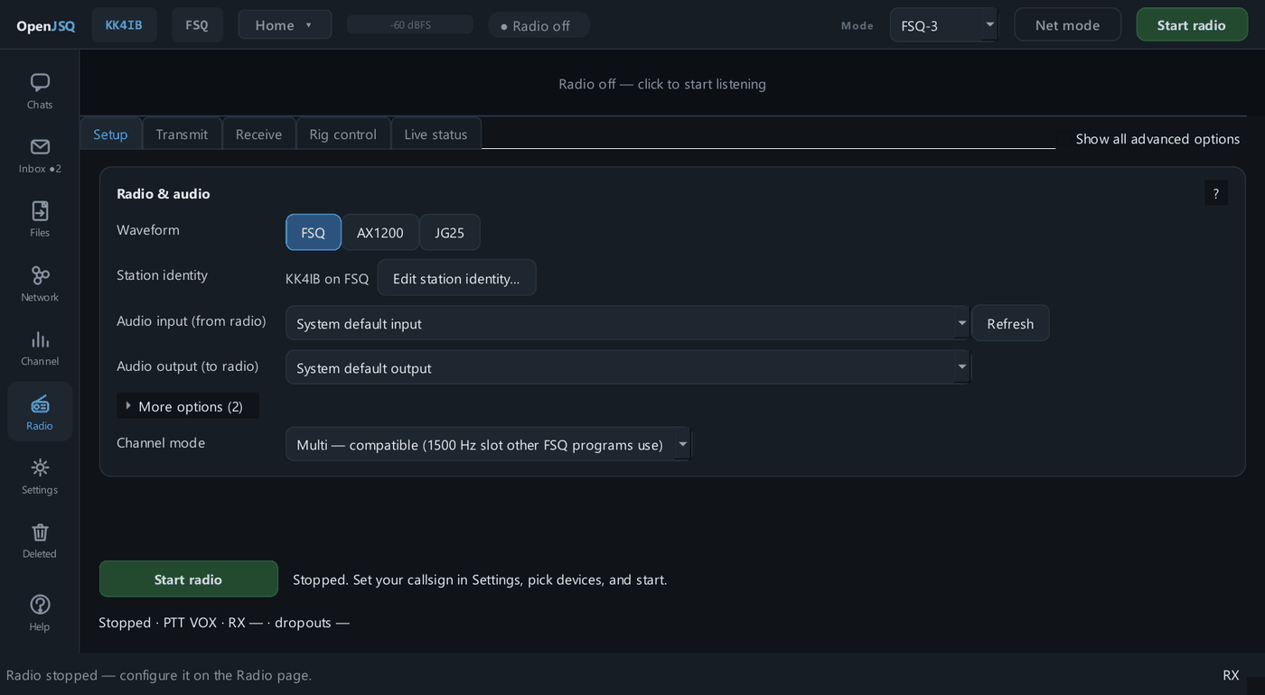 Example OpenJSQ Radio page showing audio and waveform controls