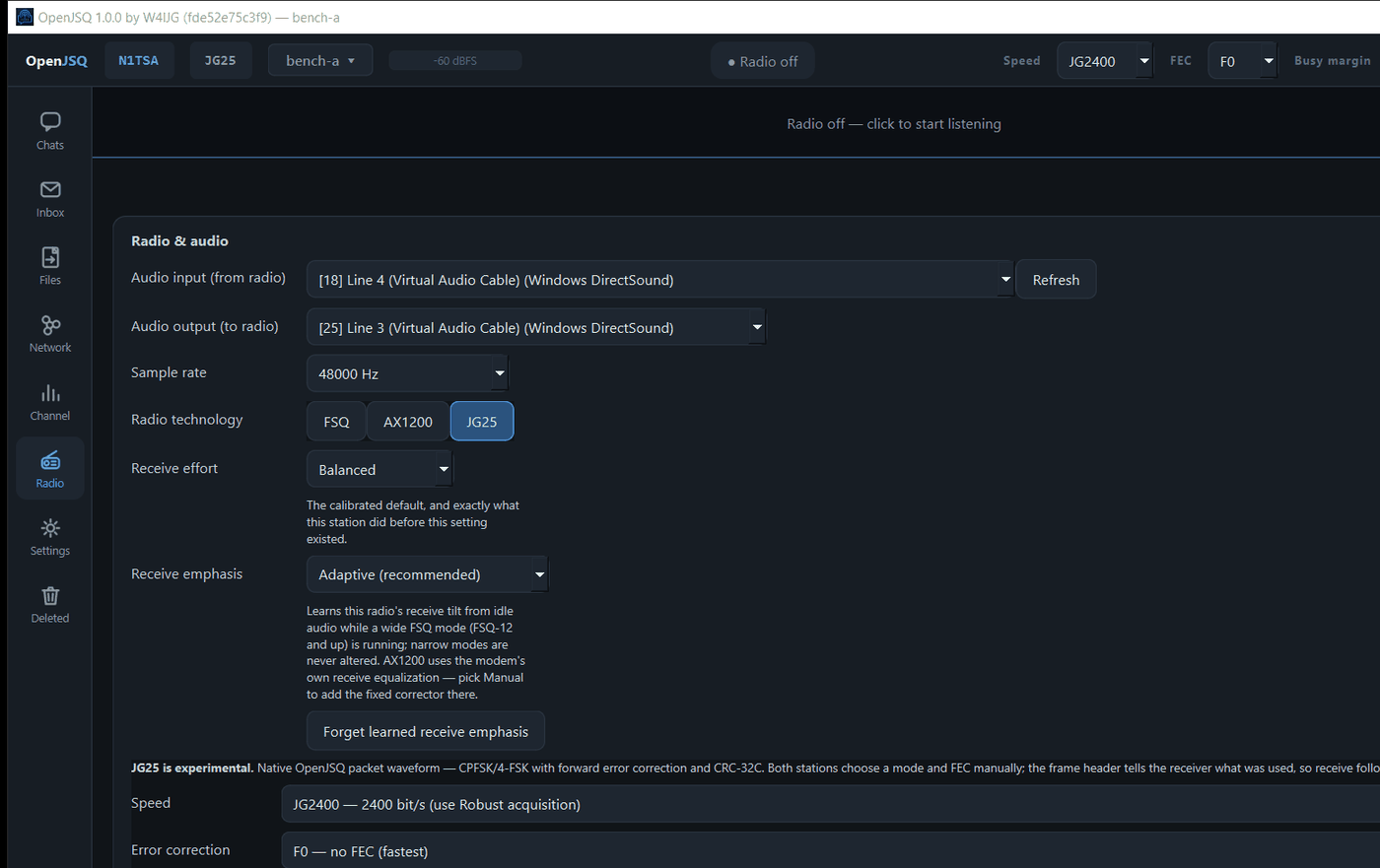 The OpenJSQ Radio page: audio input and output device lists, sample rate, a modem selector with FSQ, AX1200 and JG25, receive controls, and JG25 speed and error-correction settings.