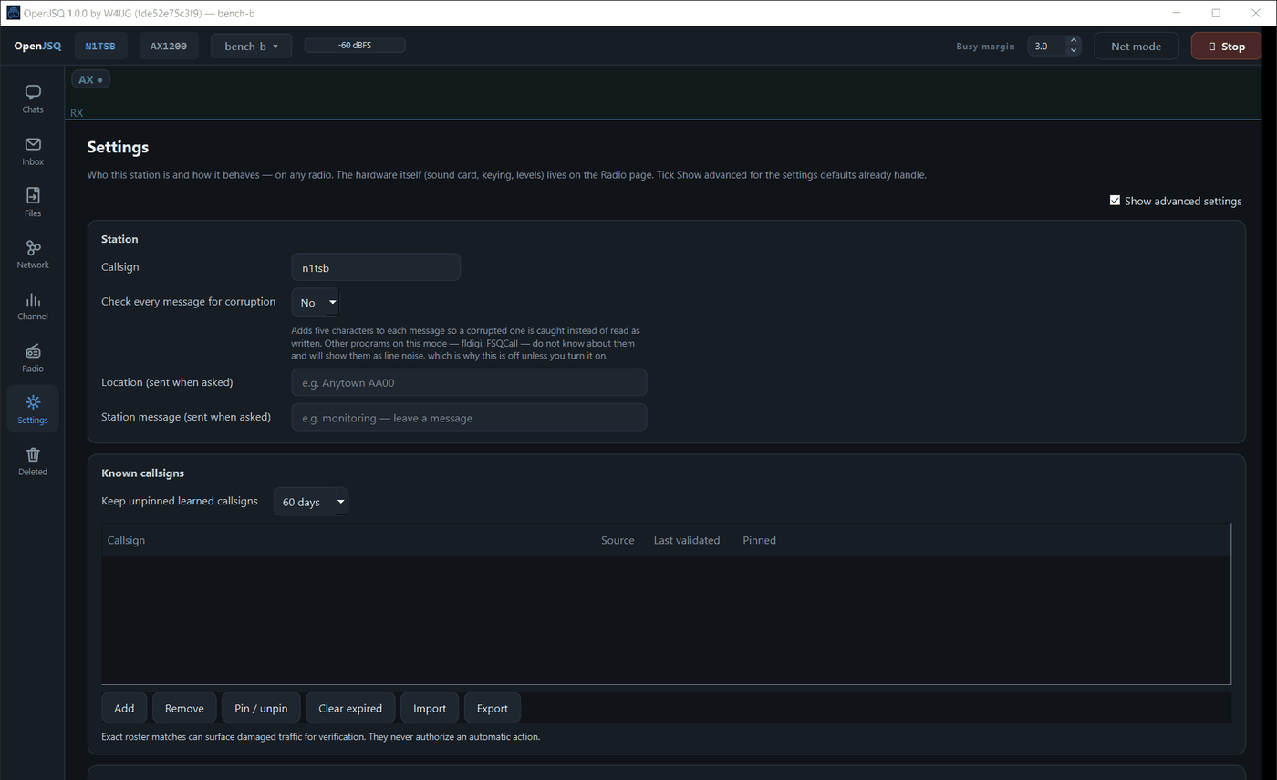 The OpenJSQ Settings page with Show advanced settings enabled: station callsign, optional corruption check, location and station message fields; and a Known callsigns roster with management buttons.
